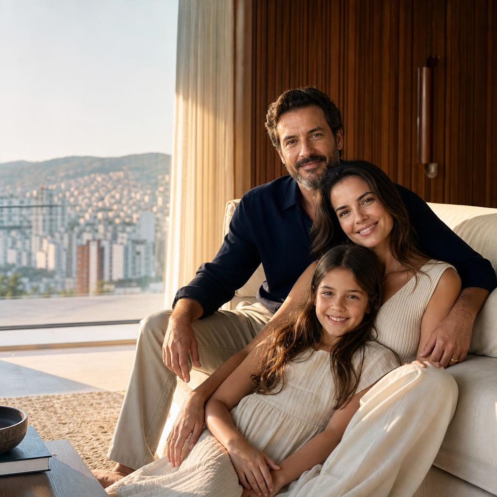 Família reunida sorrindo em casa